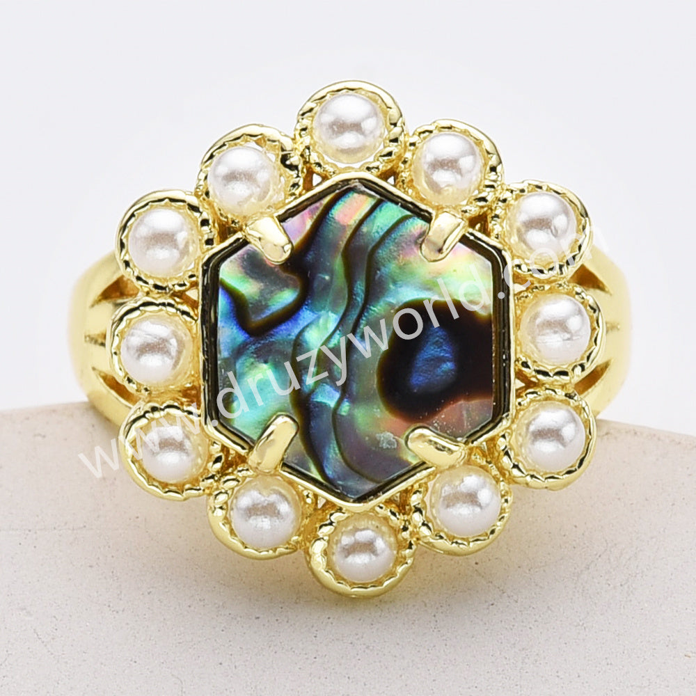 Gold Plated Claw Faceted Hexagon Rainbow Gemstone Pearl Ring, Fashion Jewelry WX2249