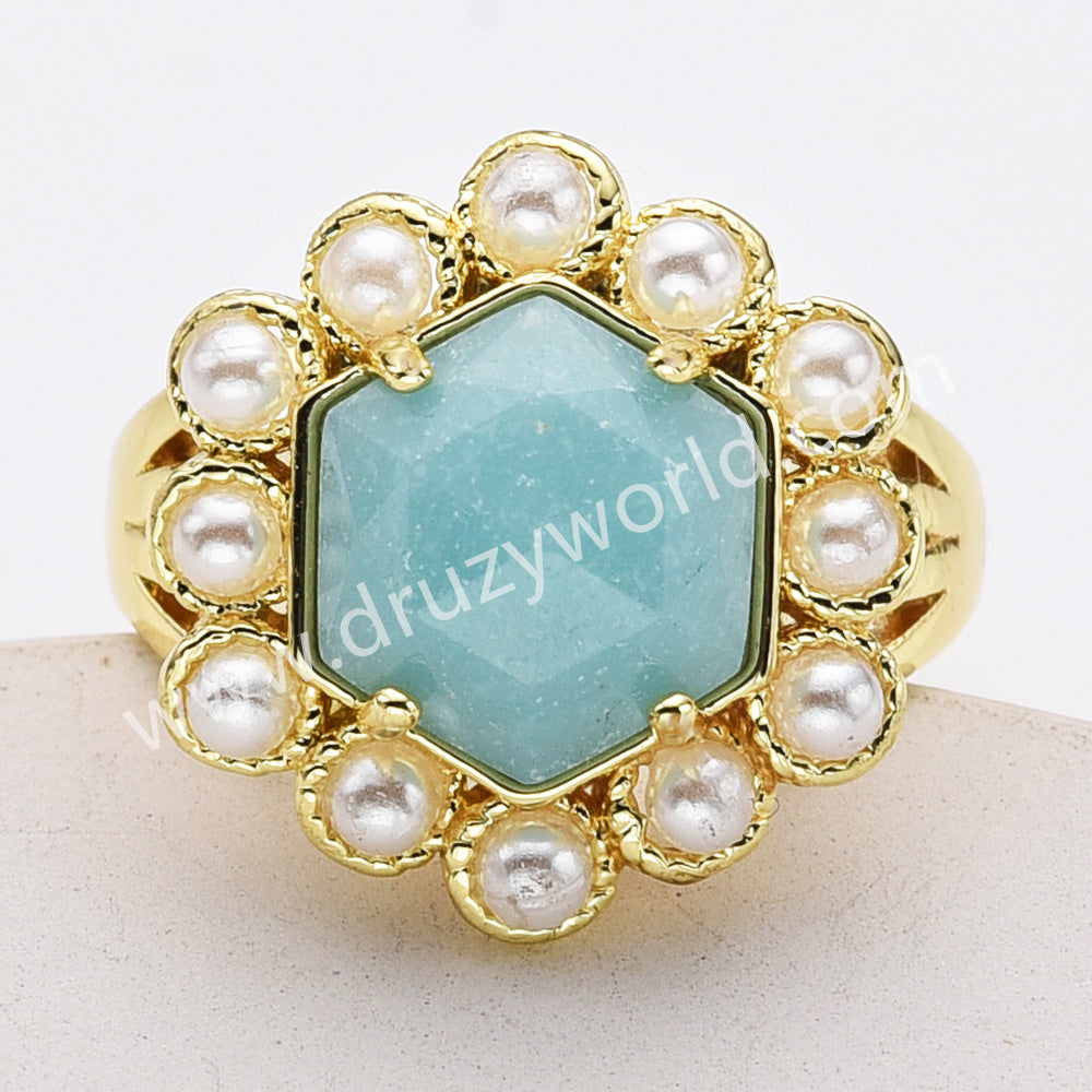 Gold Plated Claw Faceted Hexagon Rainbow Gemstone Pearl Ring, Fashion Jewelry WX2249