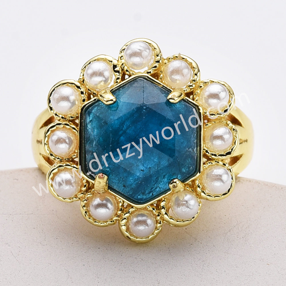 Gold Plated Claw Faceted Hexagon Rainbow Gemstone Pearl Ring, Fashion Jewelry WX2249