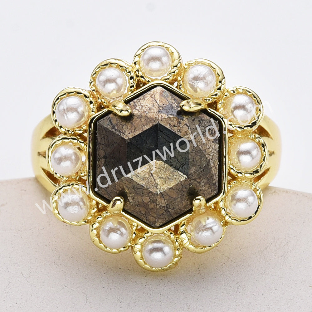 Gold Plated Claw Faceted Hexagon Rainbow Gemstone Pearl Ring, Fashion Jewelry WX2249