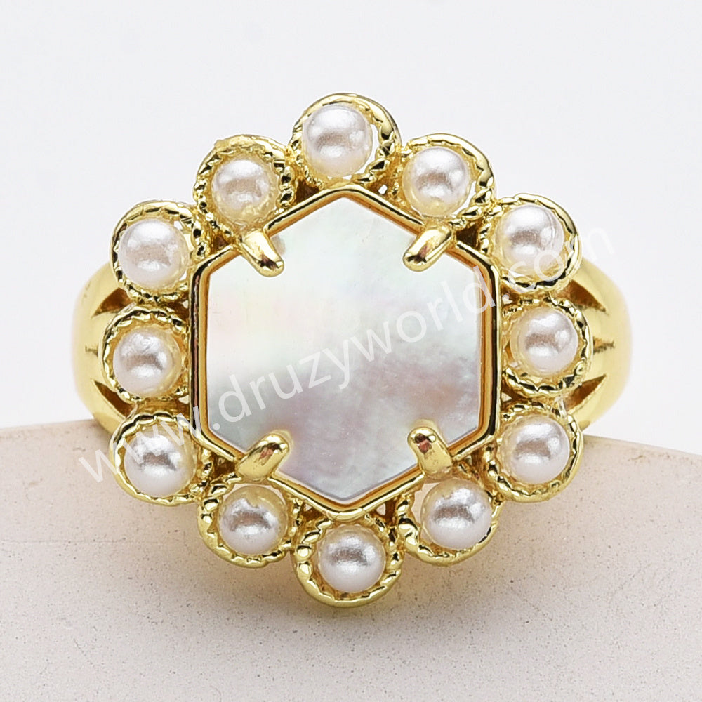 Gold Plated Claw Faceted Hexagon Rainbow Gemstone Pearl Ring, Fashion Jewelry WX2249