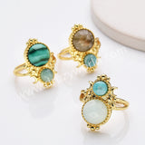 Adjustable Gold Plated Double Circle Round Amazonite Multi Stones Star Moon Ring, Boho Jewelry WX2250