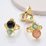 Adjustable Gold Plated Double Circle Round Amazonite Multi Stones Star Moon Ring, Boho Jewelry WX2250