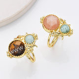 Adjustable Gold Plated Double Circle Round Amazonite Multi Stones Star Moon Ring, Boho Jewelry WX2250