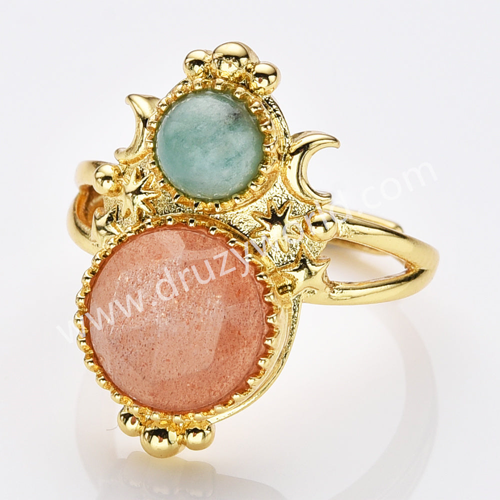 Adjustable Gold Plated Double Circle Round Amazonite Multi Stones Star Moon Ring, Boho Jewelry WX2250