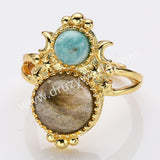 Adjustable Gold Plated Double Circle Round Amazonite Multi Stones Star Moon Ring, Boho Jewelry WX2250