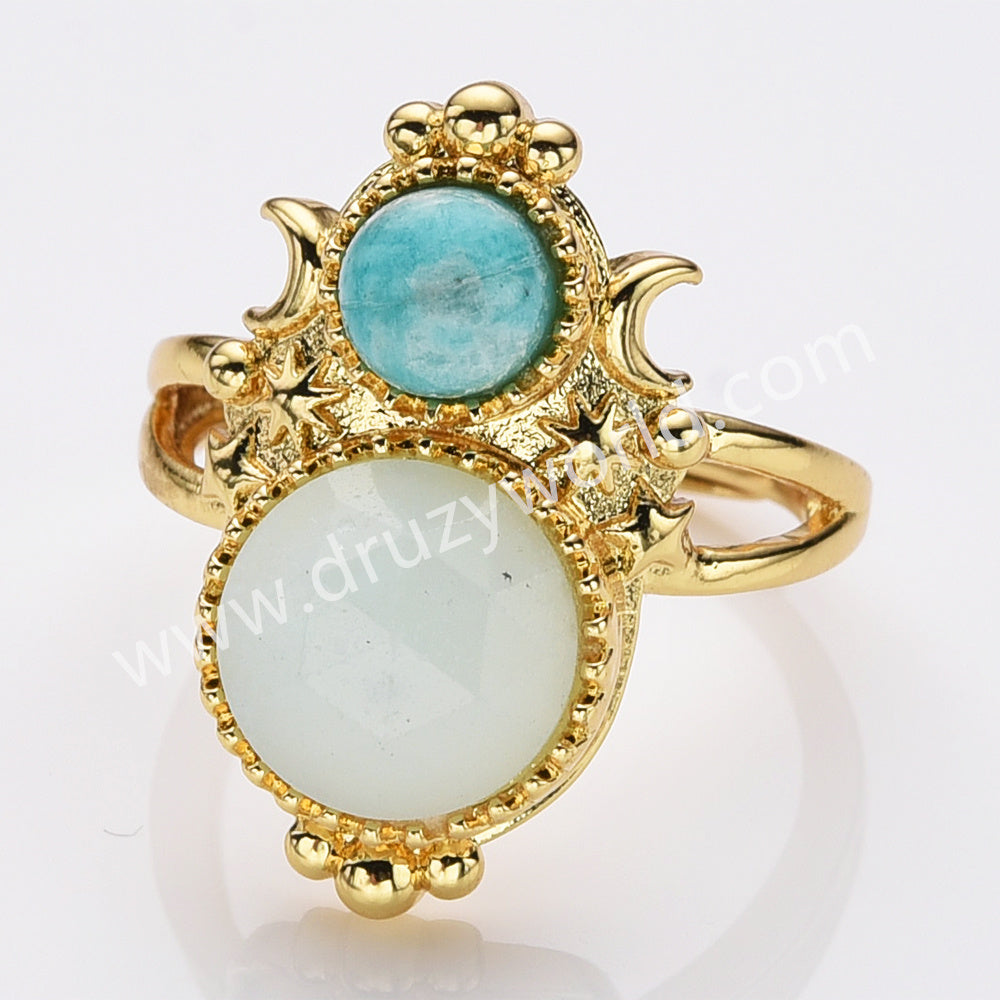 Adjustable Gold Plated Double Circle Round Amazonite Multi Stones Star Moon Ring, Boho Jewelry WX2250