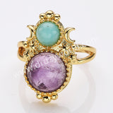 Adjustable Gold Plated Double Circle Round Amazonite Multi Stones Star Moon Ring, Boho Jewelry WX2250