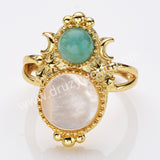 Adjustable Gold Plated Double Circle Round Amazonite Multi Stones Star Moon Ring, Boho Jewelry WX2250