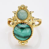 Adjustable Gold Plated Double Circle Round Amazonite Multi Stones Star Moon Ring, Boho Jewelry WX2250