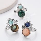 Silver Double Round Multi Stone Star Moon Adjustable Ring, Boho Jewelry WX2251