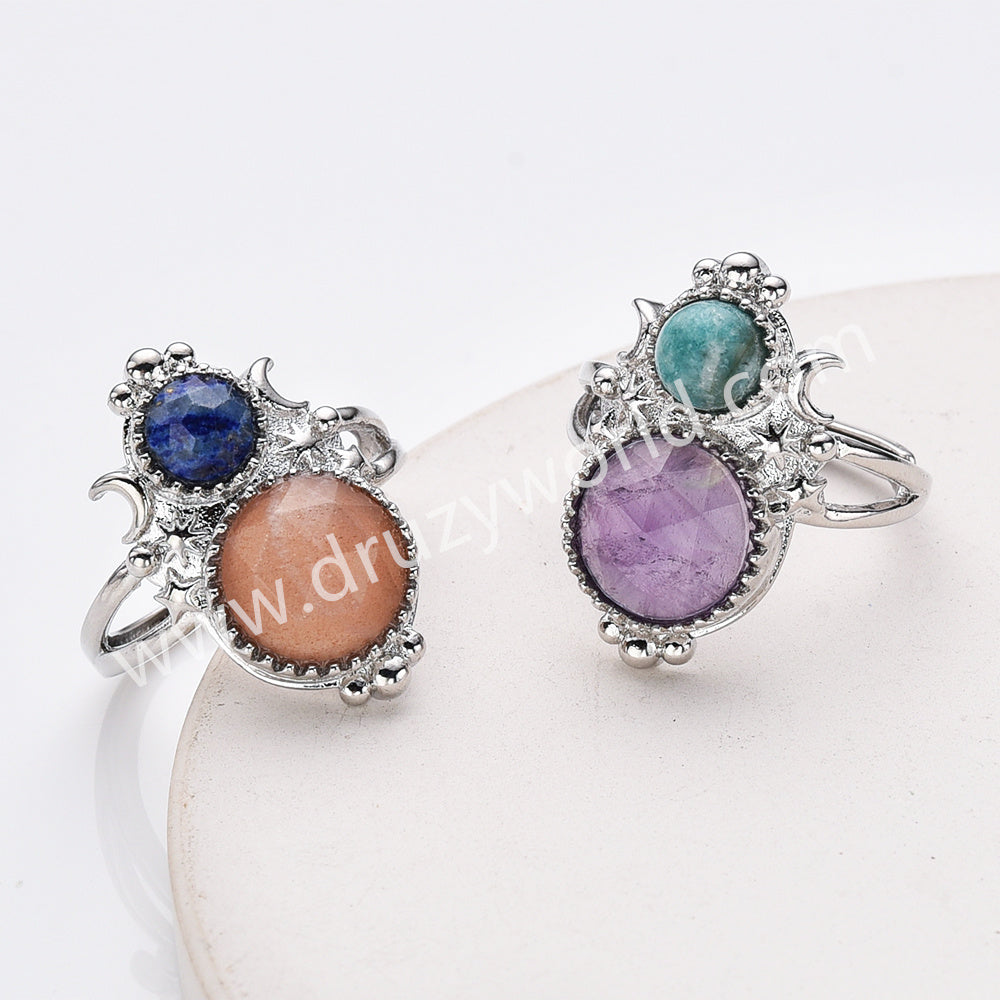 Silver Double Round Multi Stone Star Moon Adjustable Ring, Boho Jewelry WX2251