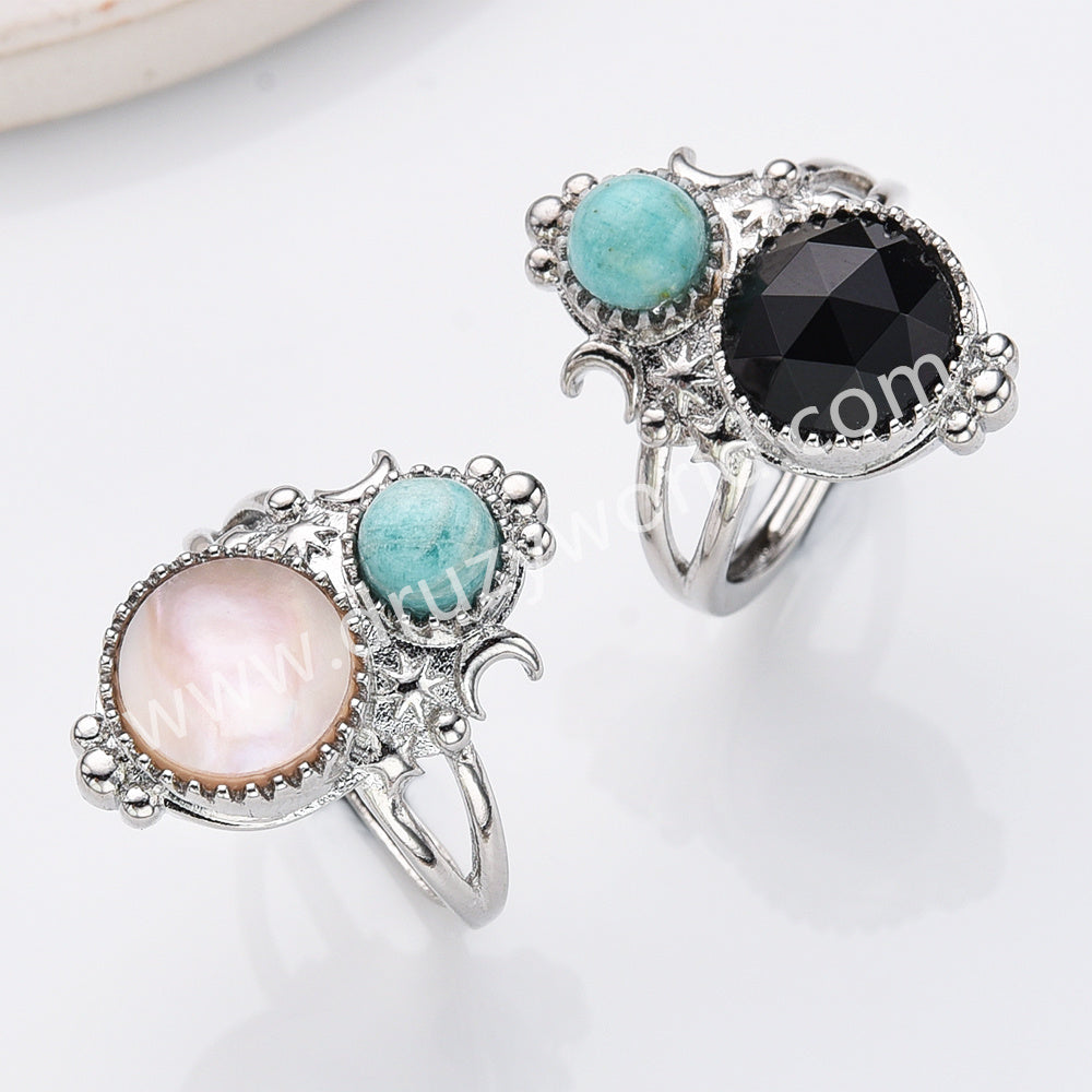 Silver Double Round Multi Stone Star Moon Adjustable Ring, Boho Jewelry WX2251