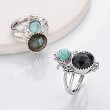 Silver Double Round Multi Stone Star Moon Adjustable Ring, Boho Jewelry WX2251