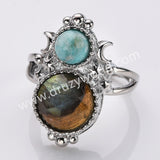 Silver Double Round Multi Stone Star Moon Adjustable Ring, Boho Jewelry WX2251