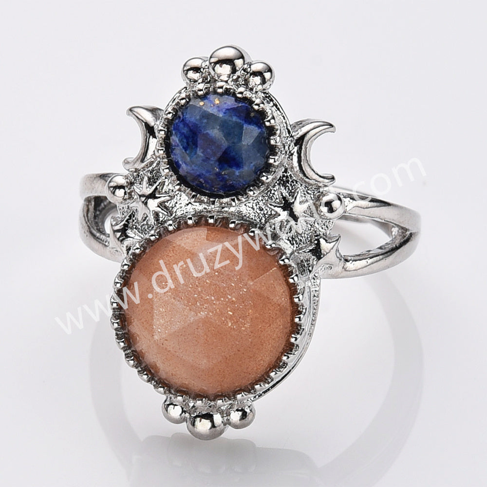 Silver Double Round Multi Stone Star Moon Adjustable Ring, Boho Jewelry WX2251