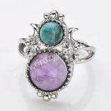 Silver Double Round Multi Stone Star Moon Adjustable Ring, Boho Jewelry WX2251