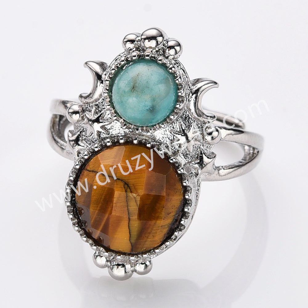 Silver Double Round Multi Stone Star Moon Adjustable Ring, Boho Jewelry WX2251