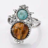 Silver Double Round Multi Stone Star Moon Adjustable Ring, Boho Jewelry WX2251