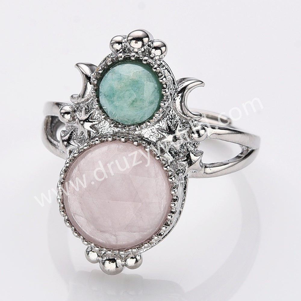 Silver Double Round Multi Stone Star Moon Adjustable Ring, Boho Jewelry WX2251