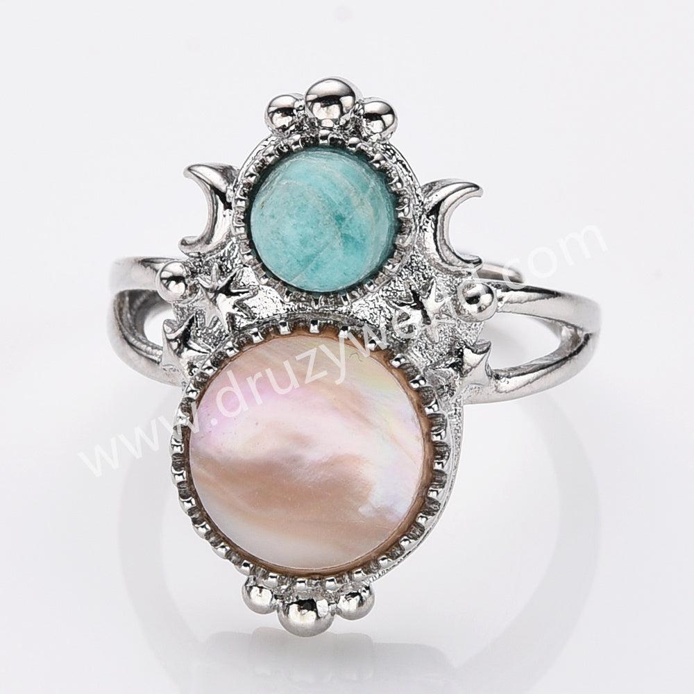 Silver Double Round Multi Stone Star Moon Adjustable Ring, Boho Jewelry WX2251