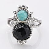 Silver Double Round Multi Stone Star Moon Adjustable Ring, Boho Jewelry WX2251