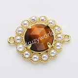 Gold Plated Claw Rainbow Natural Stone Pearl Round Connector, For Jewelry Making WX2252