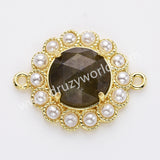 Gold Plated Claw Rainbow Natural Stone Pearl Round Connector, For Jewelry Making WX2252