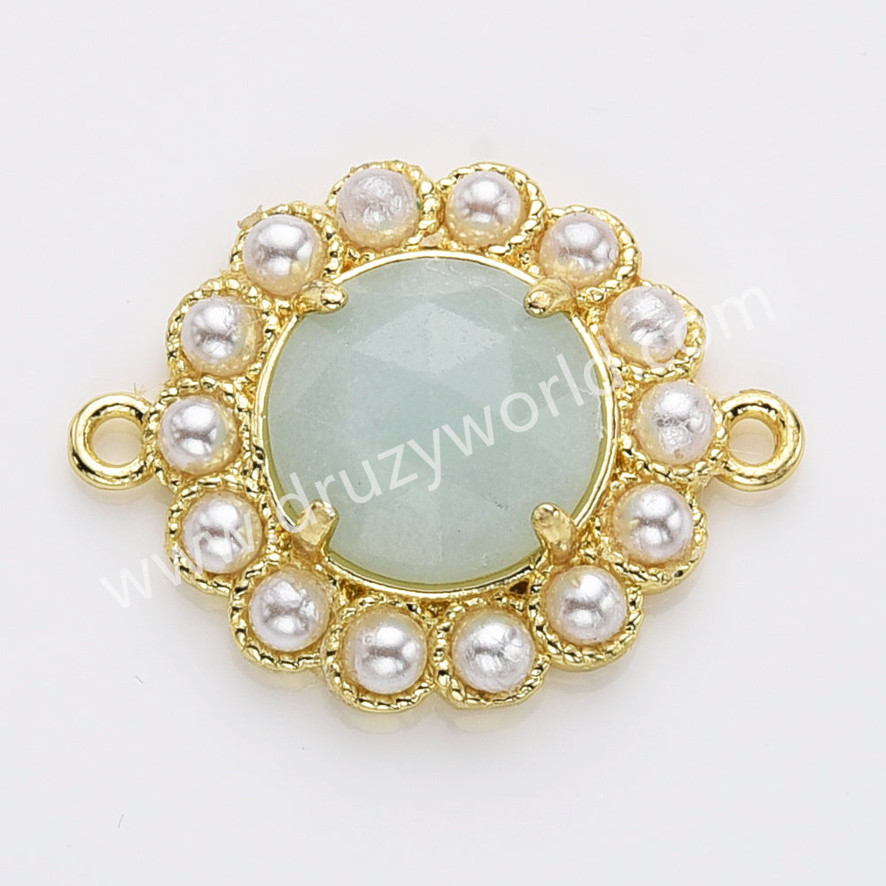 Gold Plated Claw Rainbow Natural Stone Pearl Round Connector, For Jewelry Making WX2252
