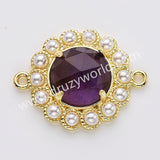 Gold Plated Claw Rainbow Natural Stone Pearl Round Connector, For Jewelry Making WX2252