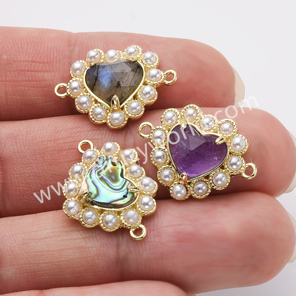 Gold Plated Claw Rainbow Natural Stone Pearl Heart Connector, For Jewelry Making WX2253