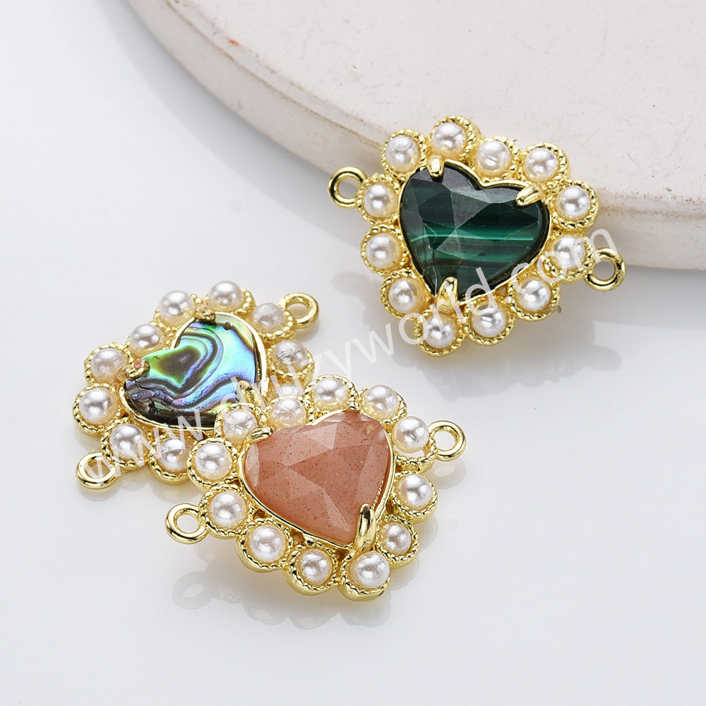 Gold Plated Claw Rainbow Natural Stone Pearl Heart Connector, For Jewelry Making WX2253