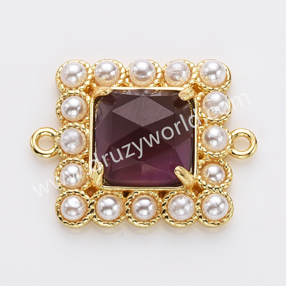 Gold Plated Claw Rainbow Natural Stone Pearl Square Connector, For Jewelry Making WX2254