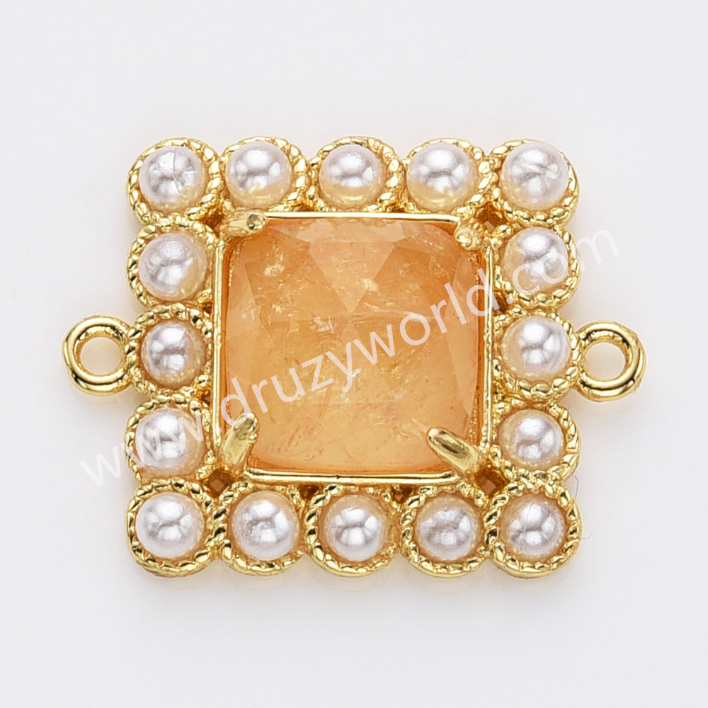 Gold Plated Claw Rainbow Natural Stone Pearl Square Connector, For Jewelry Making WX2254