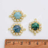 Hexagon Gold Plated Claw Rainbow Natural Stone Pearl Connector, For Jewelry Making WX2255