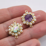 Hexagon Gold Plated Claw Rainbow Natural Stone Pearl Connector, For Jewelry Making WX2255