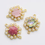 Hexagon Gold Plated Claw Rainbow Natural Stone Pearl Connector, For Jewelry Making WX2255