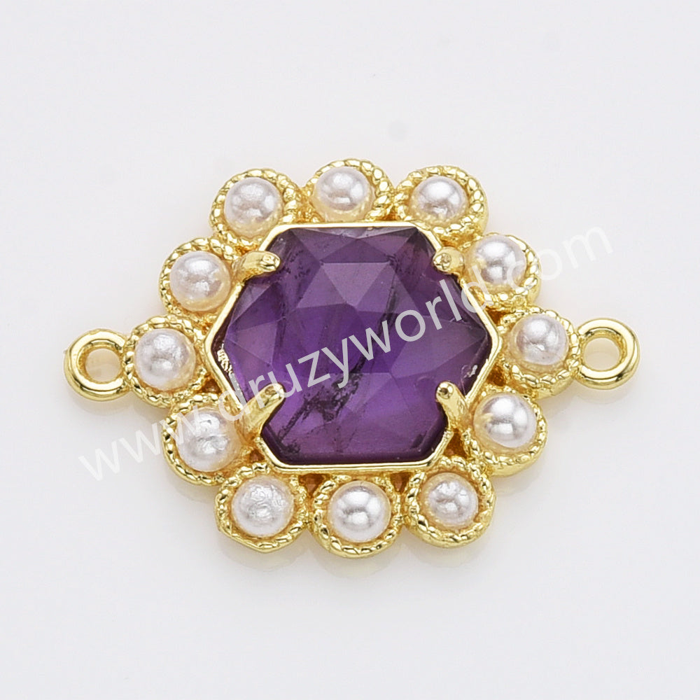 Hexagon Gold Plated Claw Rainbow Natural Stone Pearl Connector, For Jewelry Making WX2255