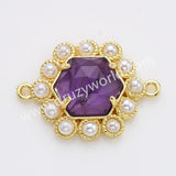 Hexagon Gold Plated Claw Rainbow Natural Stone Pearl Connector, For Jewelry Making WX2255