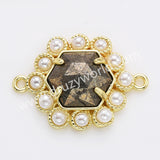 Hexagon Gold Plated Claw Rainbow Natural Stone Pearl Connector, For Jewelry Making WX2255