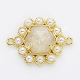 Hexagon Gold Plated Claw Rainbow Natural Stone Pearl Connector, For Jewelry Making WX2255