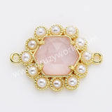 Hexagon Gold Plated Claw Rainbow Natural Stone Pearl Connector, For Jewelry Making WX2255