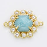 Hexagon Gold Plated Claw Rainbow Natural Stone Pearl Connector, For Jewelry Making WX2255