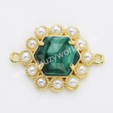 Hexagon Gold Plated Claw Rainbow Natural Stone Pearl Connector, For Jewelry Making WX2255