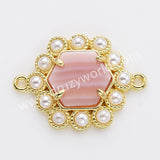 Hexagon Gold Plated Claw Rainbow Natural Stone Pearl Connector, For Jewelry Making WX2255