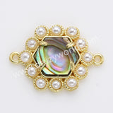 Hexagon Gold Plated Claw Rainbow Natural Stone Pearl Connector, For Jewelry Making WX2255