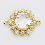 Hexagon Gold Plated Claw Rainbow Natural Stone Pearl Connector, For Jewelry Making WX2255