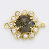 Hexagon Gold Plated Claw Rainbow Natural Stone Pearl Connector, For Jewelry Making WX2255