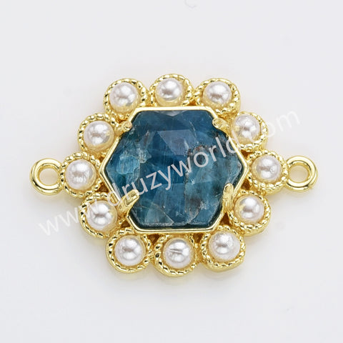 Hexagon Gold Plated Claw Rainbow Natural Stone Pearl Connector, For Jewelry Making WX2255