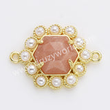 Hexagon Gold Plated Claw Rainbow Natural Stone Pearl Connector, For Jewelry Making WX2255